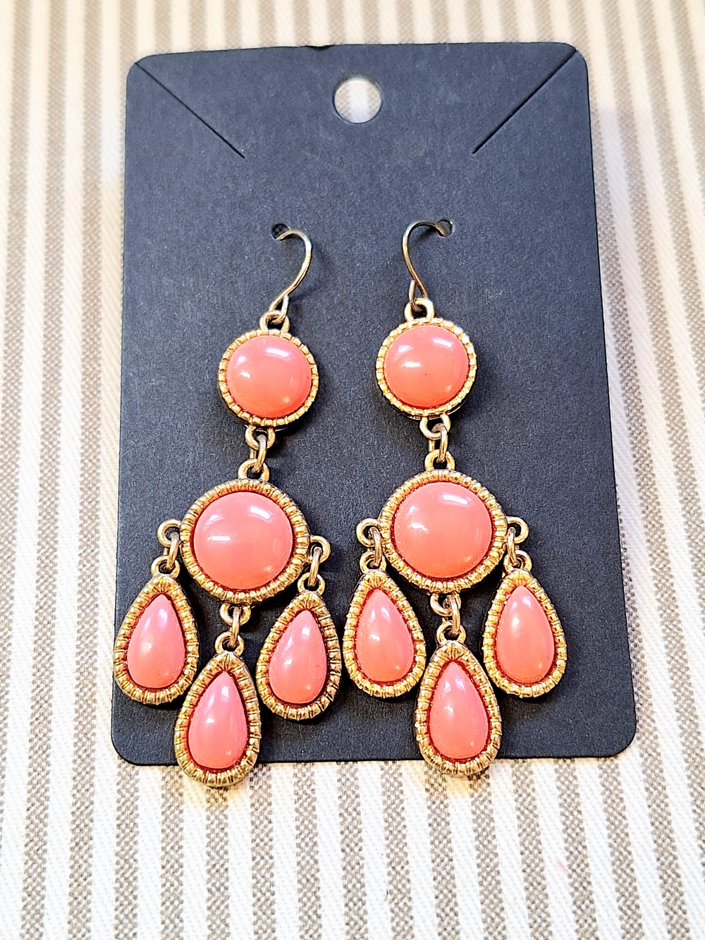 Gold-Tone Pink Dangle Earrings - Elegant Coral Pink Chandelier